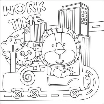 Vector illustration of heavy tool with cute lion. Creative vector Childish .. 스톡 일러스트