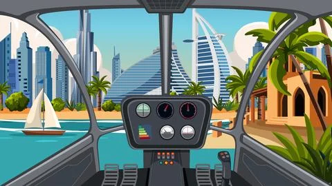 Vector Illustration of a Helicopter Cockpit Flying Over a Coastal City Ilustração Stock