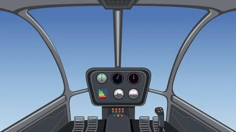 Vector illustration of a helicopter cockpit interior with clear blue sky view Stock Illustration