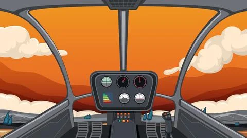 Vector Illustration of Helicopter Cockpit Interior with Orange Sunset Sky Stock Illustration