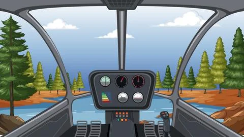 Vector Illustration of Helicopter Cockpit View Over Pine Forest and River Stock Illustration