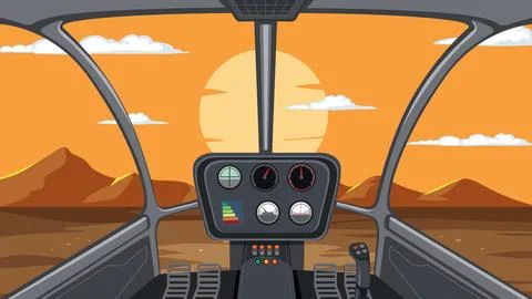 Vector Illustration of Helicopter Cockpit View Flying Over Desert Sunset Stock Illustration