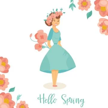 Vector illustration. Hello spring card with girl Stock Illustration