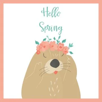 Vector illustration. Hello spring card with otter Stock Illustration