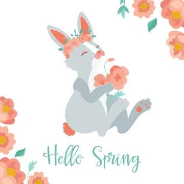 Vector illustration. Hello spring card with rabbit Stock Illustration