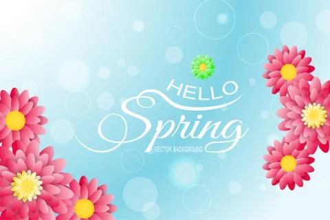 Vector illustration of Hello Spring on the gradient light blue background w.. Stock Illustration