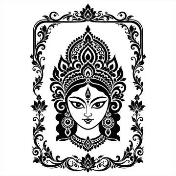 Vector illustration of Hindu goddess Durga face in ornate floral frame Stock Illustration