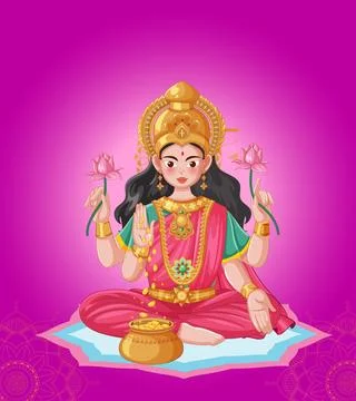 Vector Illustration of Hindu Goddess Sitting with Gold Coins and Lotus Flower 스톡 일러스트