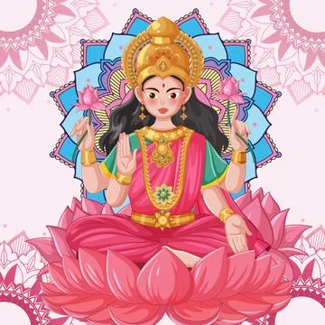 Vector Illustration of a Hindu Goddess Sitting on a Pink Lotus Stock Illustration