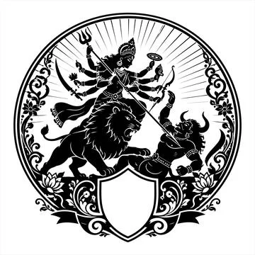 Vector illustration of Hindu goddess slaying a demon inside an ornate round.. 库存插图