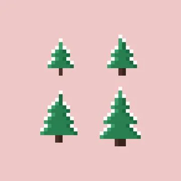 Vector illustration holiday set of Pixel art Christmas tree covered with snow Stock Illustration