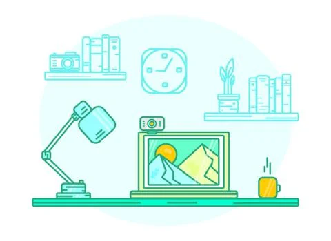 Vector illustration home office interior design in flat style isolated on whi Stock Illustration