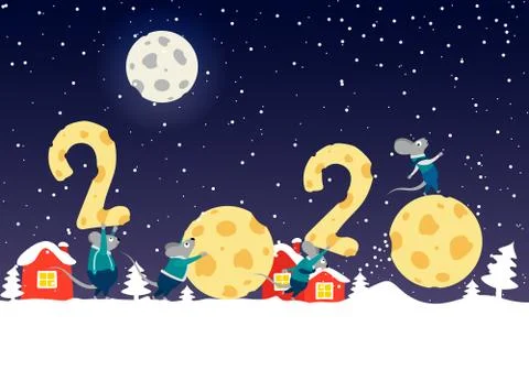 Vector illustration. Horizontal banner with funny cartoon mice carrying cheese Stock Illustration