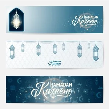 Vector illustration of horizontal ramadan kareem blue greeting banner set Stock Illustration
