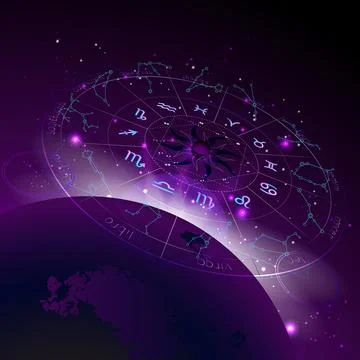 Vector illustration of Horoscope circle in perspective, Zodiac signs and pict Stock Illustration