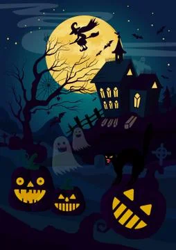 Vector illustration of horror house and pumpkin lanterns and cat with witch Stock Illustration
