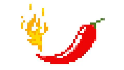 Vector illustration of hot chilli pepper with fire in pixel style. Vector emb Stock Illustration