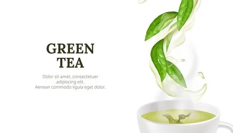 Vector illustration of a hot cup of green tea with a fresh leaf. Healthy an.. Stock Illustration