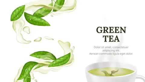 Vector illustration of a hot cup of green tea with a fresh leaf. Healthy an.. Stock Illustration