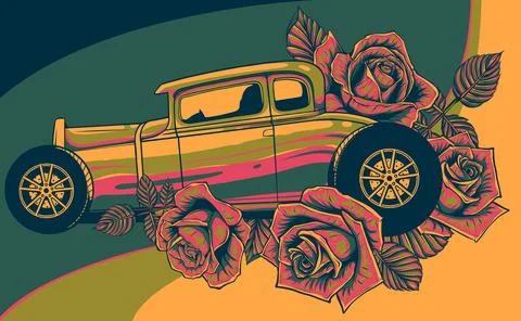 Vector illustration of hot rod car with roses Stock Illustration