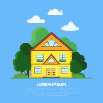 Vector illustration of house in forest, flat style. Cottage in country side. Stock Illustration