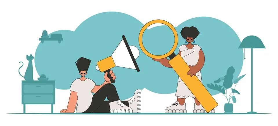 Vector illustration of HR representative team. Attractive girl sits in a ch.. Stock Illustration