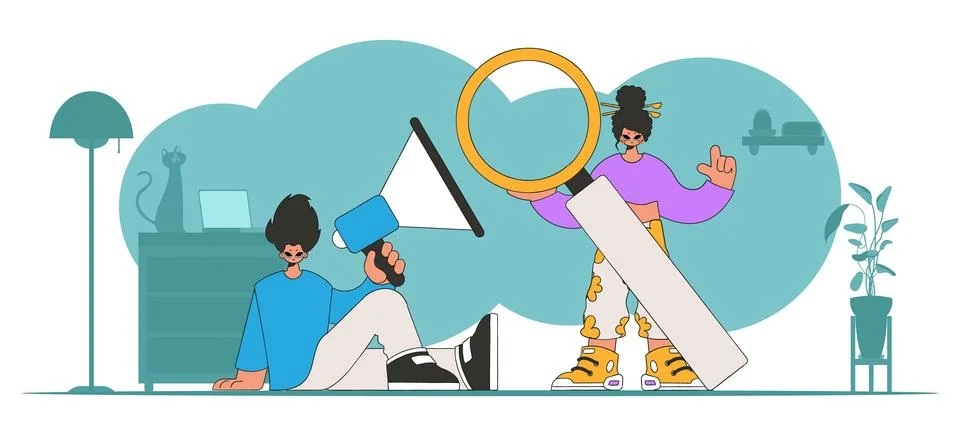 Vector illustration of HR representative team. Attractive girl sits in a ch.. Stock Illustration