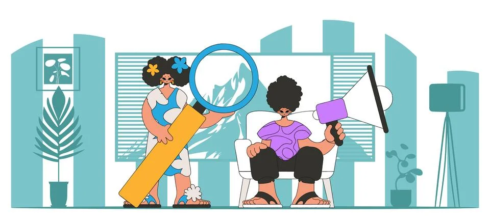 Vector illustration of HR representative team. Attractive woman is sitting .. Stock Illustration