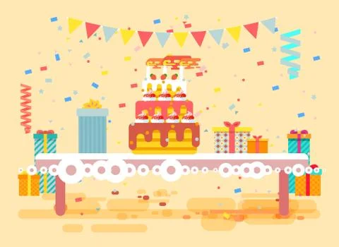 Vector illustration huge festive cake with candles on table, confetti, celebrate イラスト素材