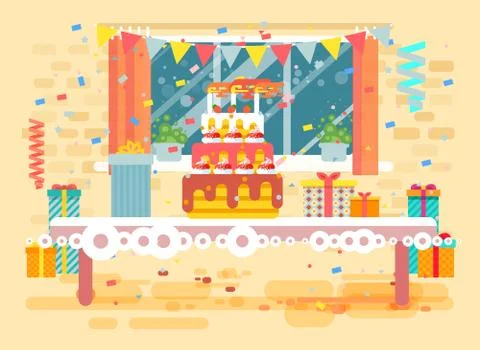 Vector illustration huge festive cake with candles on table, confetti, celebrate Illustrazione stock