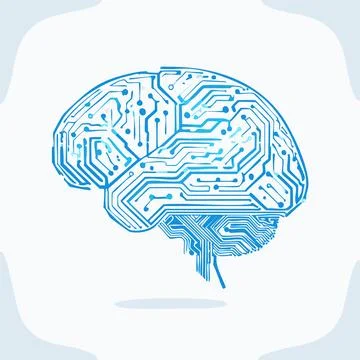 Vector illustration of a human brain with electronic circuit board patterns.. Stock Illustration