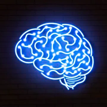 Vector illustration of human brain. Neon sign on blue background. Stock Illustration