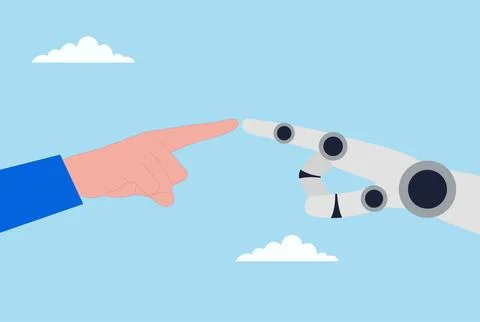 Vector illustration of a human hand and a robotic hand reaching toward each Illustrazione stock