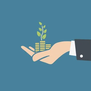 Vector illustration of human hand holding stacks of coins and growth plant. Stock Illustration
