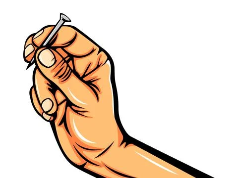 Vector illustration of a human hand holding a metal nail, featuring bold bl.. Stock Illustration