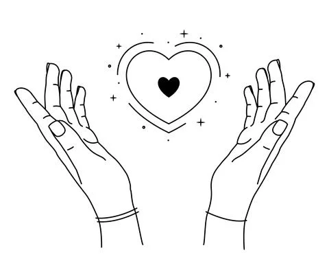 Vector illustration of human hands holding heart. Hand drawn line art style.  Stock Illustration