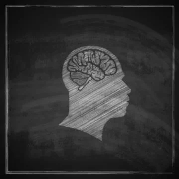 Vector illustration of human head with brain on blackboard background Stock Illustration