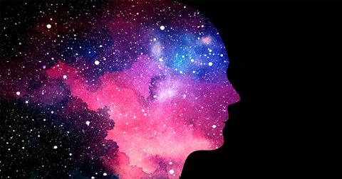 Vector illustration of human head on starry space background. Artificial in.. Stock Illustration