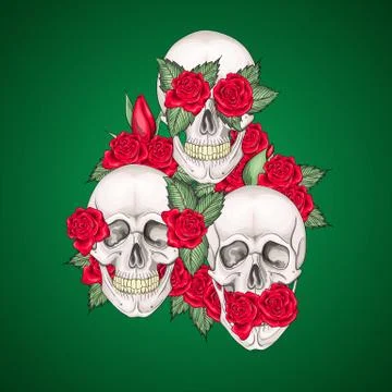 Vector illustration of human skulls with flowers roses I dont say I do not see I Stock Illustration