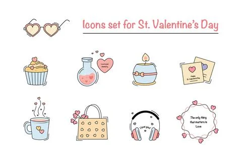 Vector illustration of icons set for St. Valentines Day. Stock Illustration