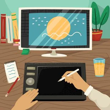 Vector illustration of an illustrator working on a graphic tablet with a moni Stock-Illustration