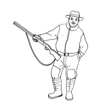 Vector illustration. image in black outline of a young cheerful hunter in a hat Stock Illustration