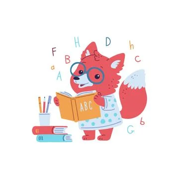 Vector illustration with the image of a cute fox in clothes and glasses, reading Illustrazione stock