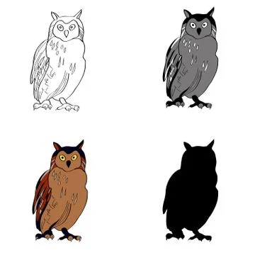 Vector illustration, an image of a sitting owl. Black line, black and white a Stock Illustration