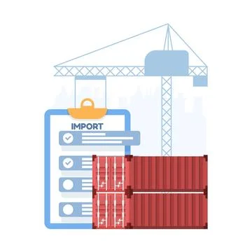 Vector illustration of import process with clipboard checklist and containers. Illustrazione stock