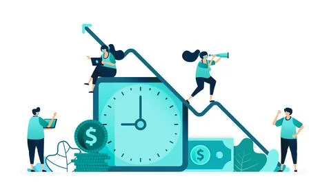 Vector illustration of improve quality of time and employee income. clock wit Stock Illustration