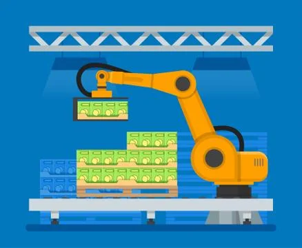Vector illustration of industrial robots for palletizing food products Ilustración de archivo