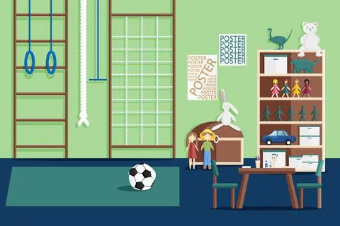 Vector Illustration of Interior of Children's Game Room with Furniture Stock Illustration