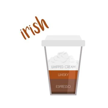 Vector illustration of an Irish coffee cup icon with its preparation and pr.. Illustrazione stock
