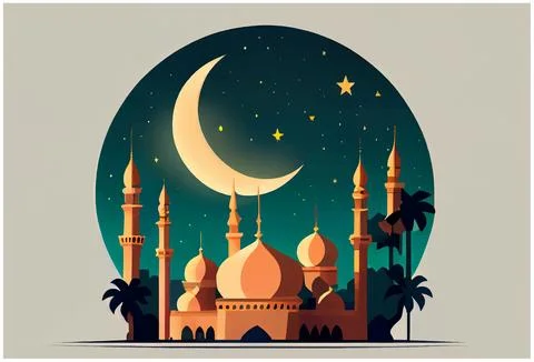 Vector illustration of islamic style mosque and crescent at night Stock Illustration